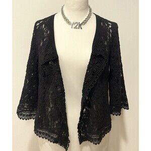 Y2K BLACK CROCHET OPEN FRONT Blazer 3/4 SLEEVES Whimsigoth Grunge Goth Sz L